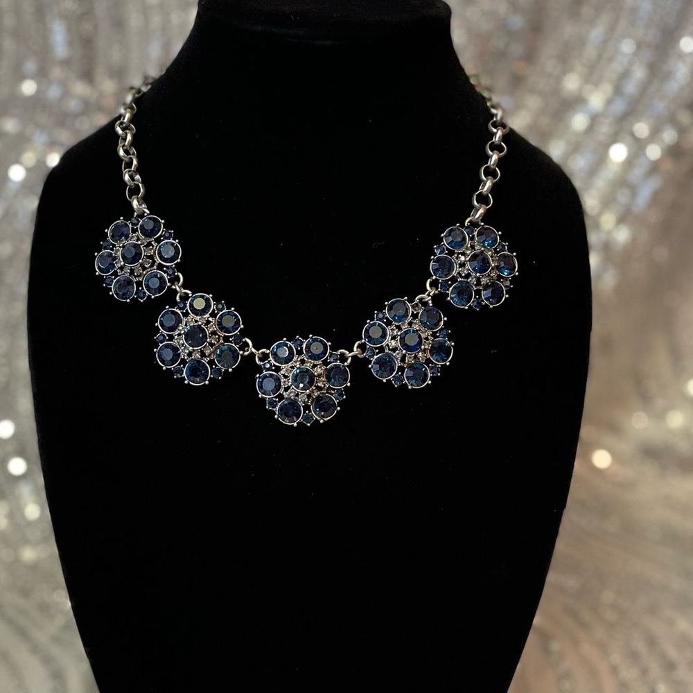 Formal Silver with Navy Blue Rhinestone Floral Design